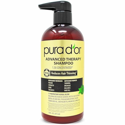 PURA D'OR 16 Oz Advanced Therapy Shampoo Reduces Hair Thinning & Increases Volume, No Sulfate, Biotin Shampoo Infused with Argan Oil, Aloe Vera for All Hair Types, Men & Women