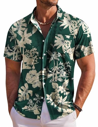 COOFANDY Men's Short Sleeve Button Down Shirts Wrinkle Free Hawaiian Shirts for Men, Green - Palm Tree, Medium